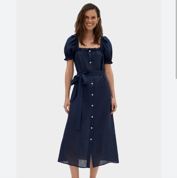 Sleeper Brigitte linen midi navy sz L EUC - Picture 2 of 10